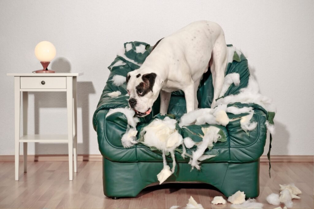 A boxer dog stands on a ruined armchair. Many behavioural issues can be helped by using dog food puzzles